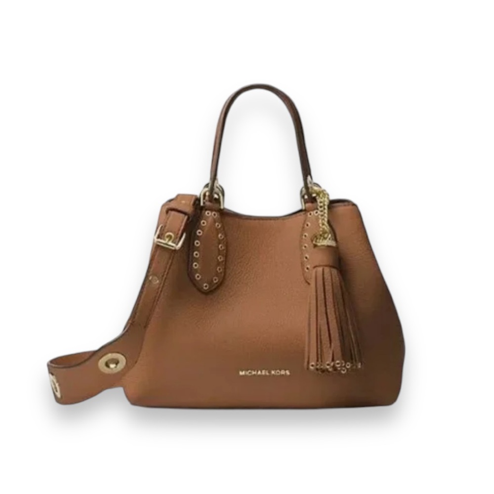Michael Kors Brooklyn Leather Tassel Grommet Satchel Tote Bag Purse in Acorn - Picture 16 of 16